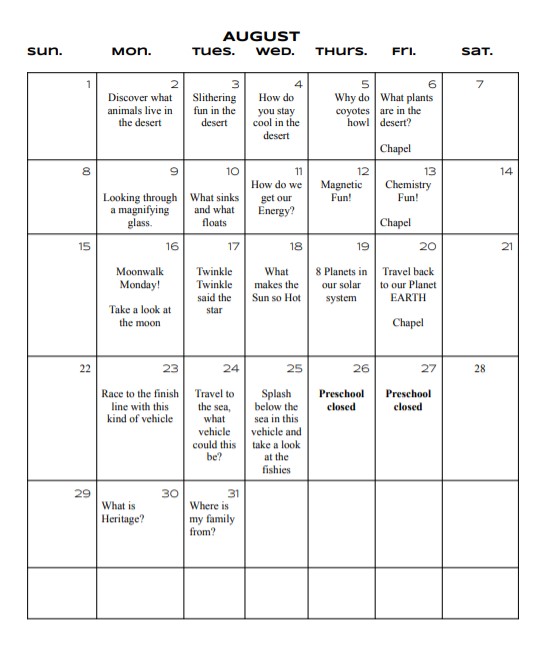 Daily Theme Schedule | Mount Olve Preschool