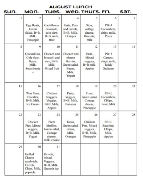 Daily Lunch Schedule | Mount Olve Preschool